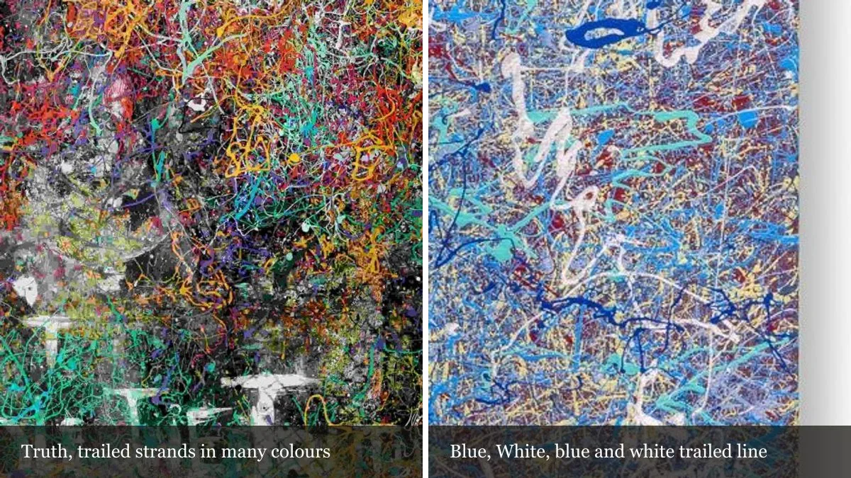 Two magnified details side by side: dense red, orange, teal and violet trailed strands over grey lettering in Truth, and blue, turquoise and white trailed line over a dark red ground in Blue, White