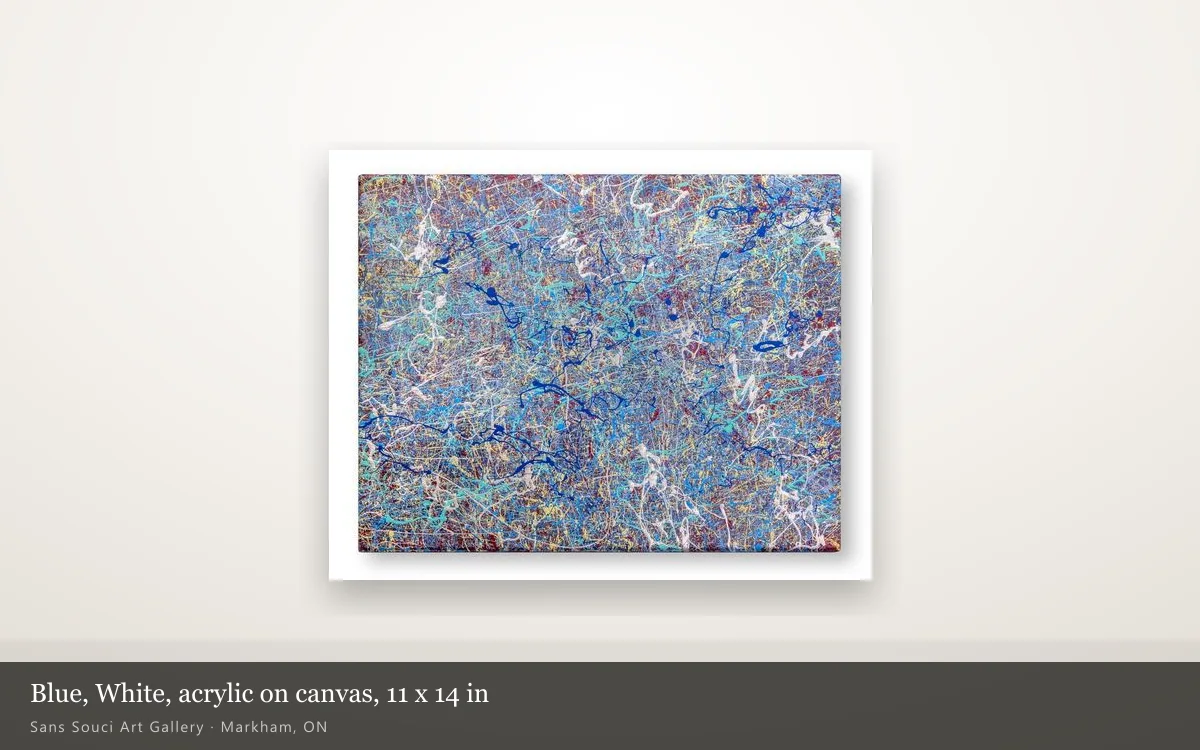 Blue, White, an 11 by 14 inch acrylic painting on canvas of blue, turquoise and white trailed line over a dark red ground, hanging whole on a lit gallery wall