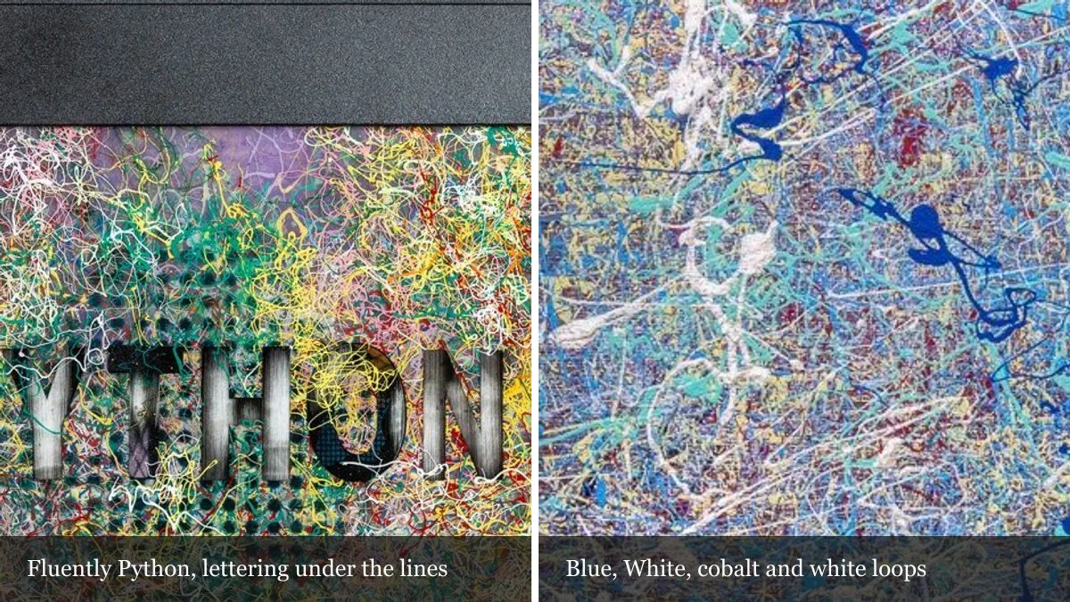 Two magnified details side by side: the letters of PYTHON under a tangle of yellow, green, white and red lines with the black frame above, from Fluently Python; blue, turquoise and white loops with cobalt strokes over red threads, from Blue, White
