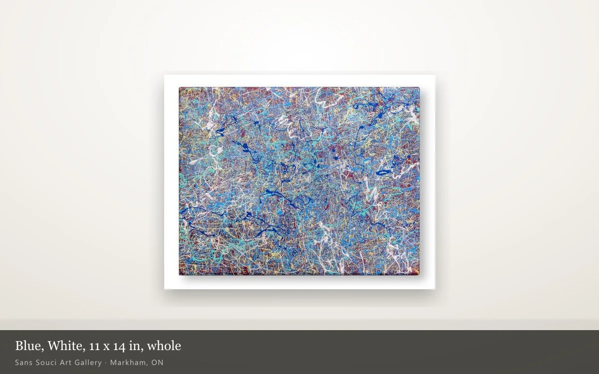 Blue, White shown whole on a pale wall: a canvas covered in light blue and turquoise lines with cobalt strokes and white loops, photographed on a white background