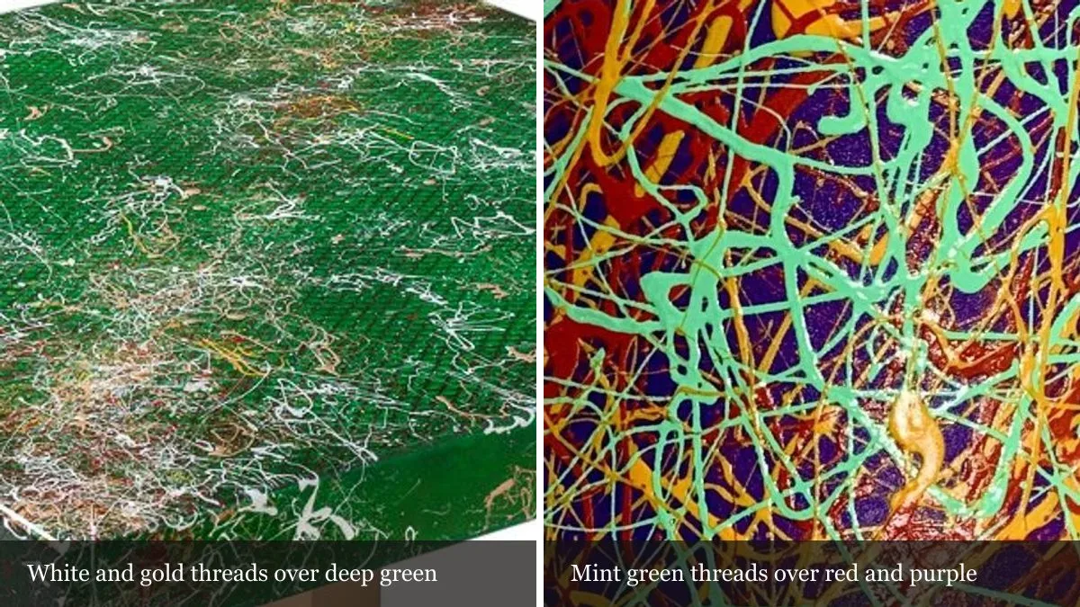 Two magnified details side by side: white and gold threads over a textured green tabletop, and mint green threads over red and purple on a painted wine glass