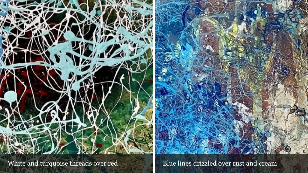 Two magnified details side by side: pale threads over red and green in The Power of the Abstract, and blue drizzled lines over rust and cream in Infinity