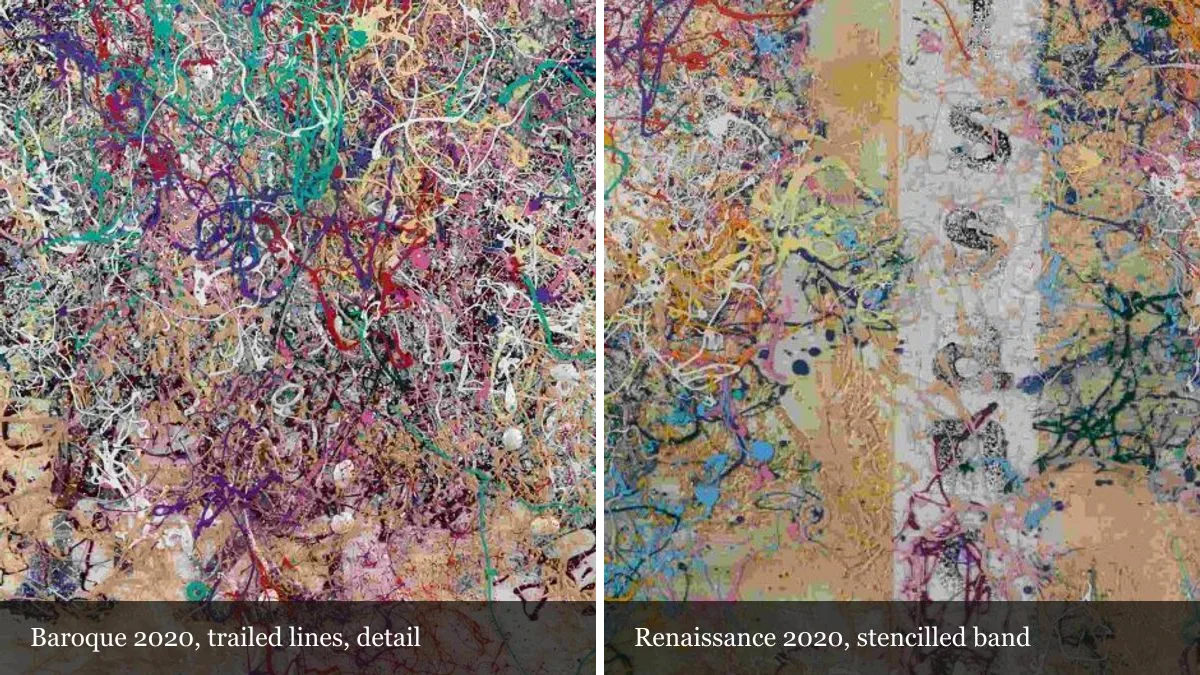 Two magnified details side by side: tangled pink, white, plum and teal trailed lines over a tan ground from Baroque 2020, and a pale grey vertical band with stencilled letters under coloured lines from Renaissance 2020