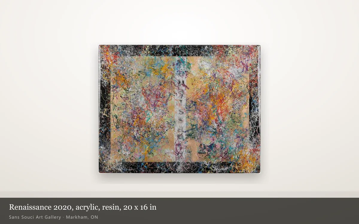 Renaissance 2020, a 20 by 16 inch acrylic and resin panel with a black painted border around a tan field and a pale central band, hung alone on a lit gallery wall