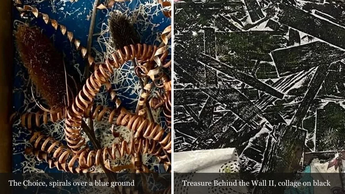 Two magnified details side by side: copper-coloured metal spirals and a dark seed pod over a blue ground with white lines from The Choice, and a black ground scratched with white lines with crumpled paper at the bottom from Treasure Behind the Wall II