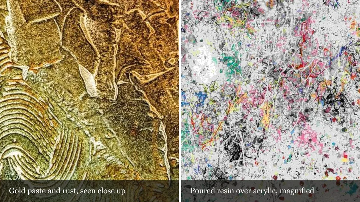 Close details of two Sans Souci originals: raised gold and rust paste, and a poured resin surface