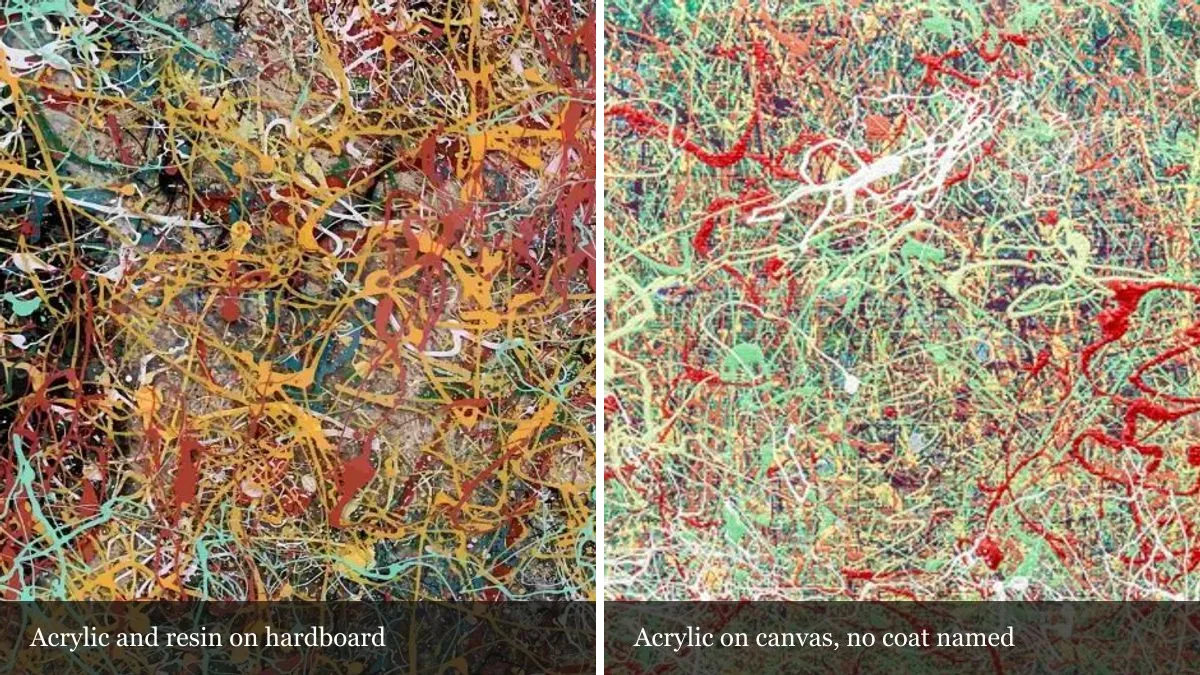 Two magnified details side by side: acrylic and resin on hardboard, beside acrylic on canvas