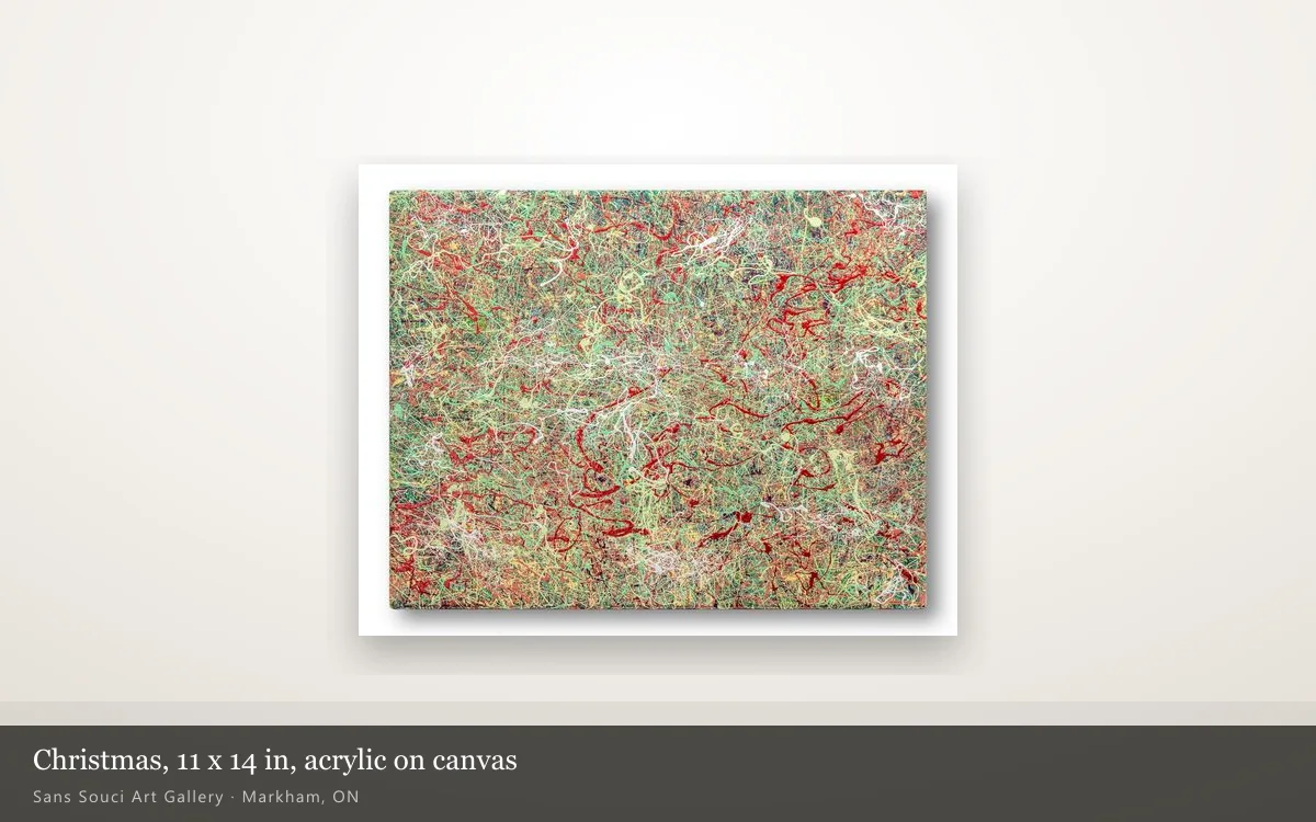 Christmas, acrylic on canvas, shown whole on a lit gallery wall
