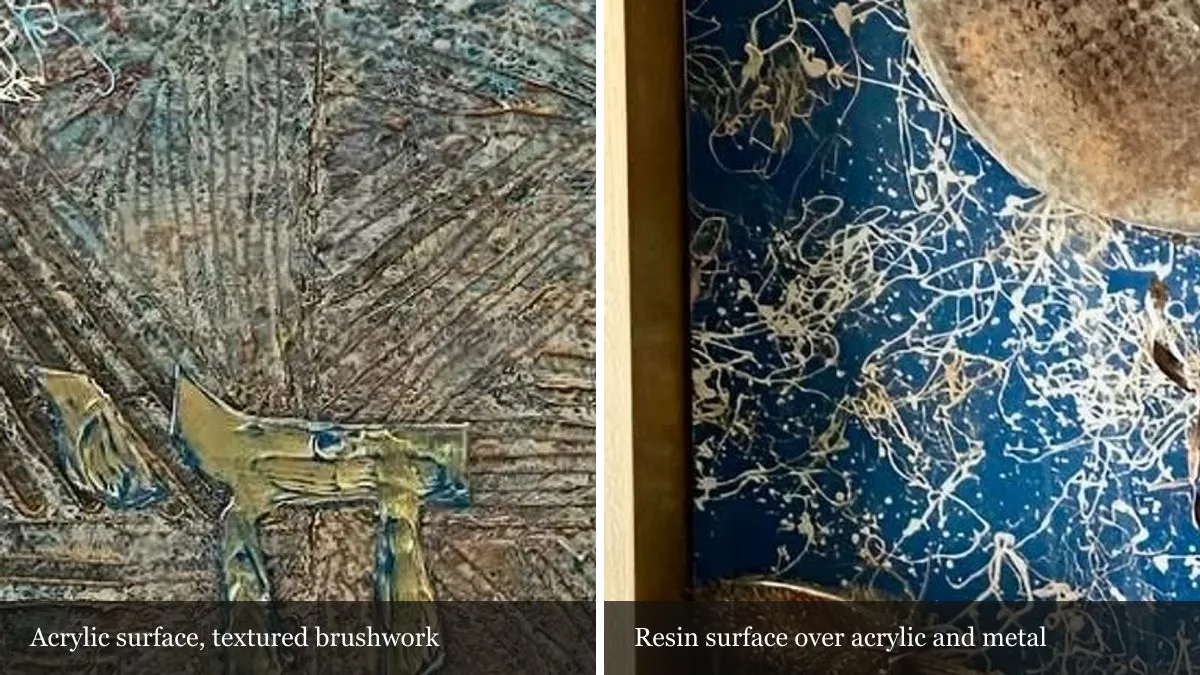 Diptych of raised acrylic texture and resin-and-metal surface details