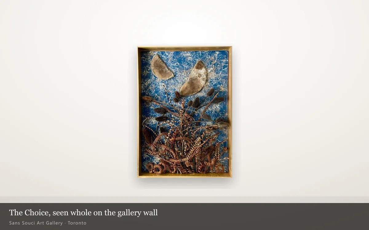 The Choice, a mixed media panel by Sergei Troshin, hung whole on a lit gallery wall