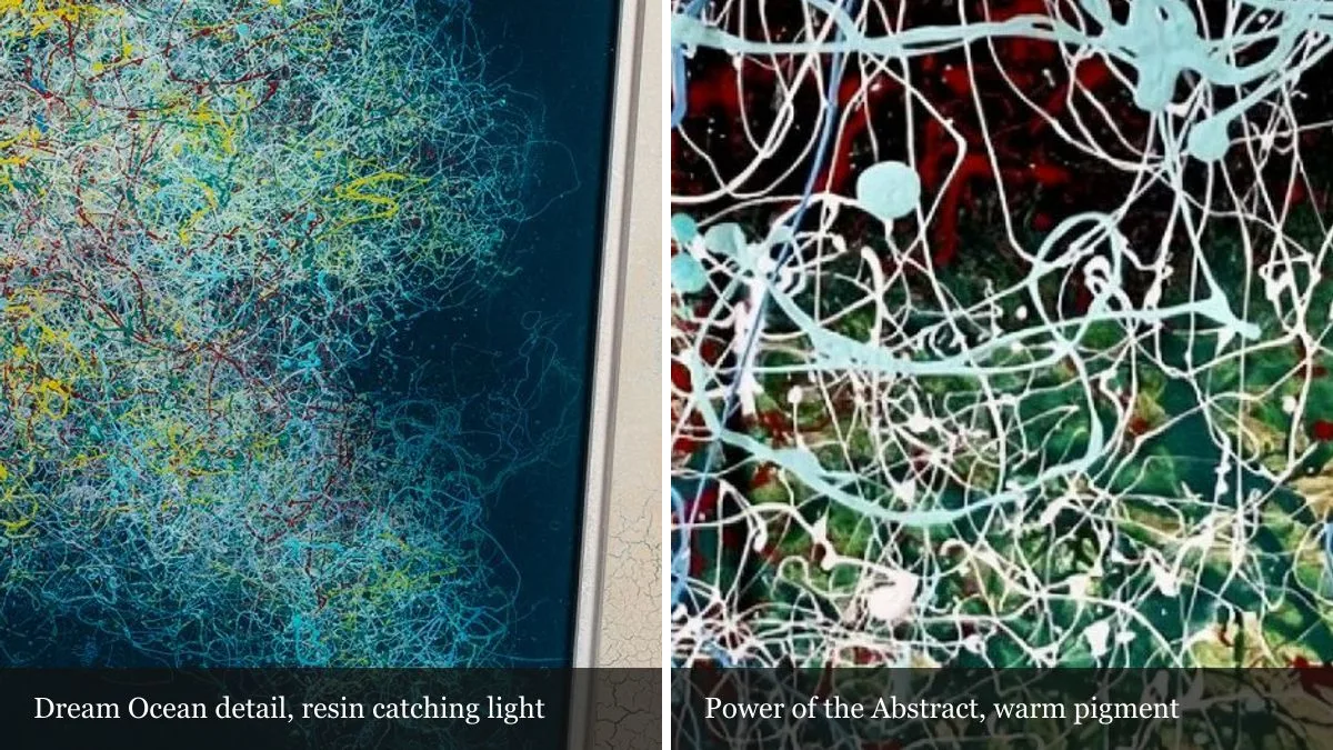 Diptych: a resin-sealed detail of Dream Ocean beside a detail of The Power of the Abstract
