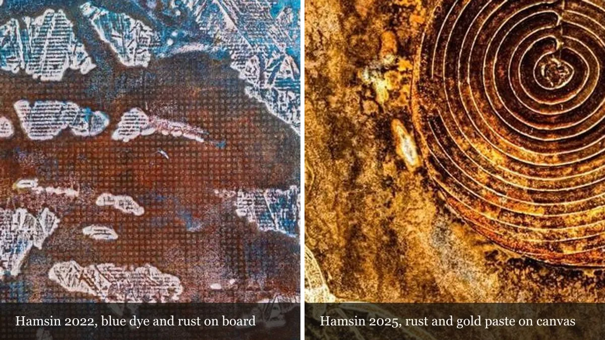 Two magnified details side by side: blue dye and rust on wooden board from 2022, beside rust and gold paste on canvas from 2025