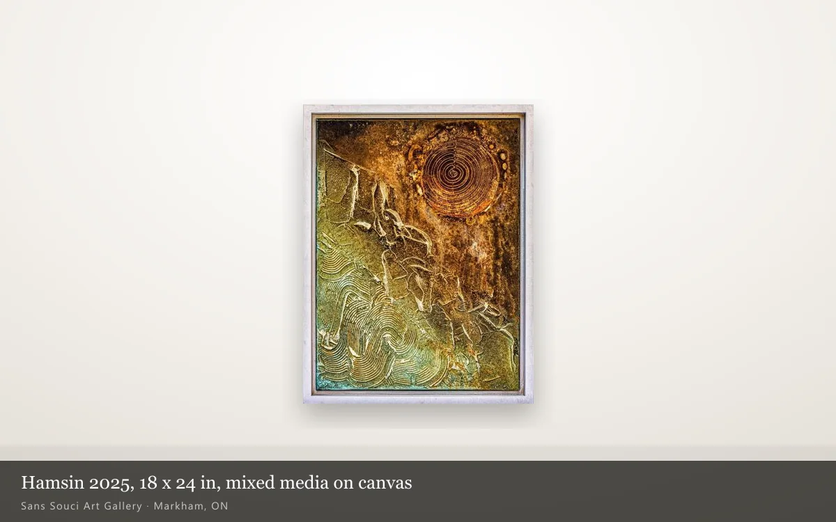 Hamsin 2025, mixed media on canvas, 18 by 24 inches, shown whole on a lit gallery wall