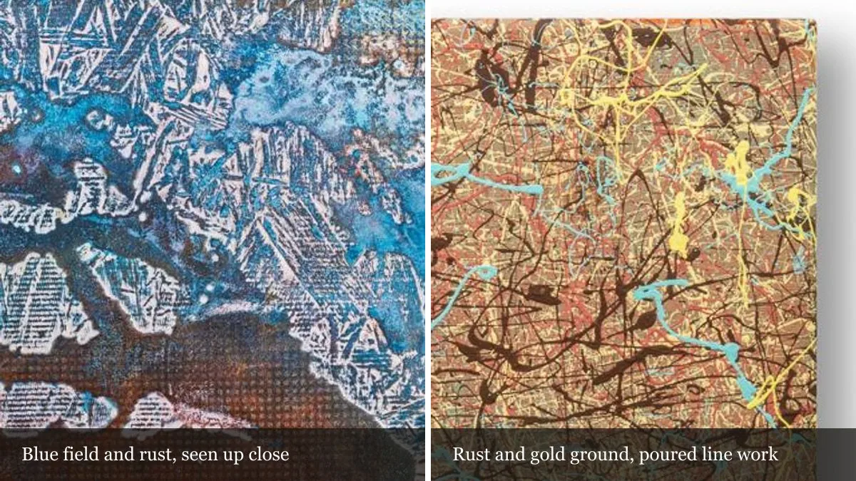 Detail of a blue dyed surface beside a detail of a rust ground with gold poured lines