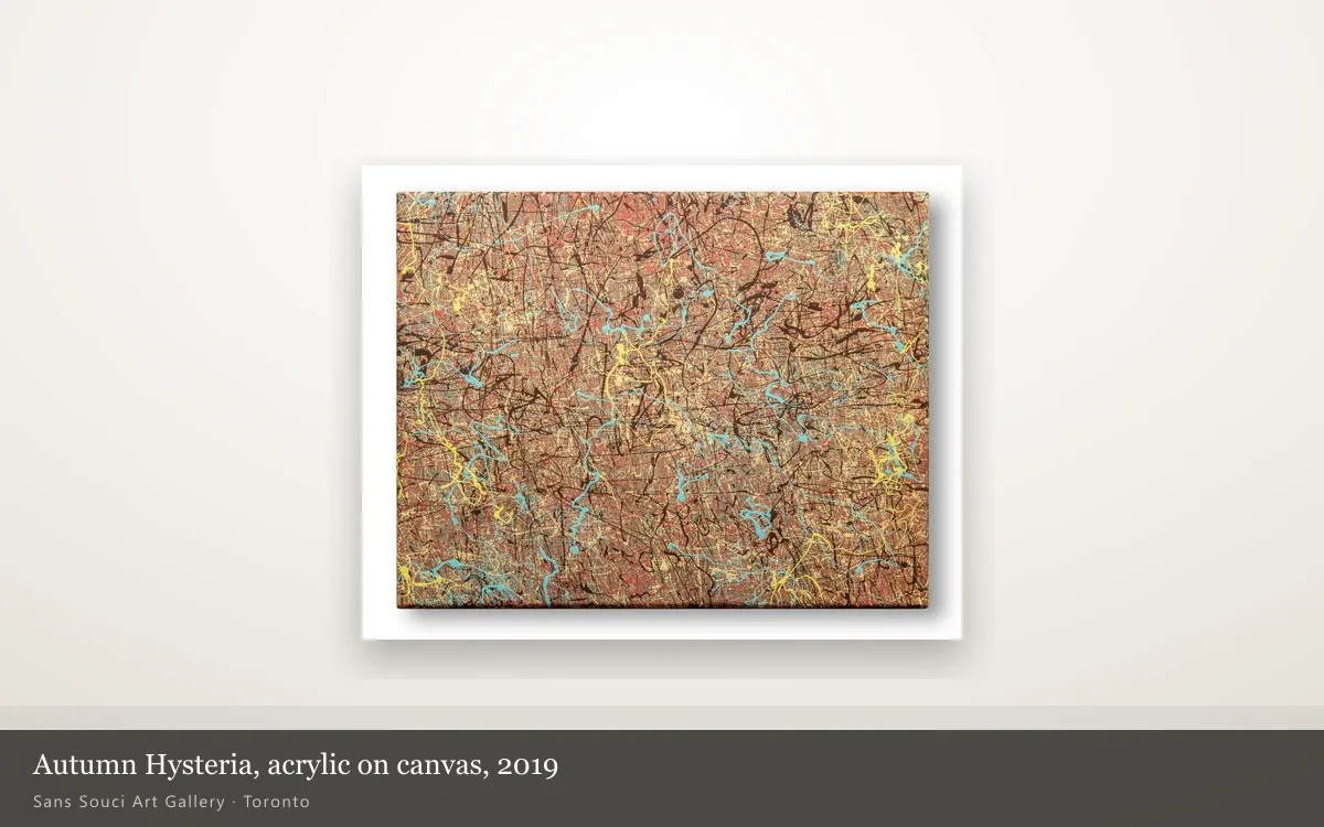 Autumn Hysteria by Sergei Troshin, a rust and gold acrylic on canvas, shown whole on a lit gallery wall