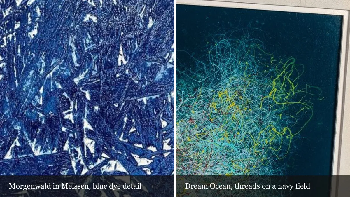 Two magnified details side by side: deep blue natural dye with pale gaps following the wood grain, from Morgenwald in Meissen; turquoise, yellow and red threads over a navy field with the pale border at the edge, from Dream Ocean