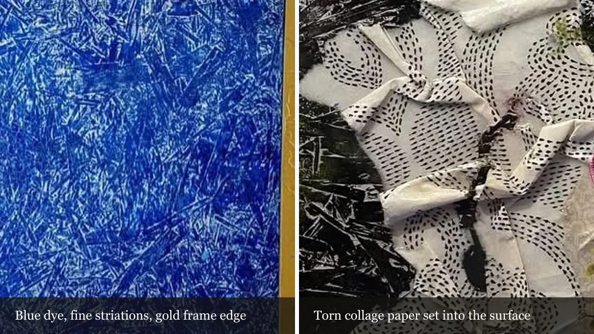 Two magnified details: blue natural dye with fine striations, and torn collage paper set into a dark ground