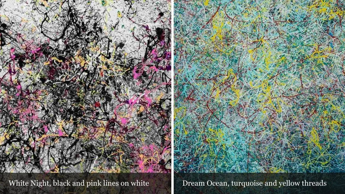 Two magnified details side by side: black, pink and yellow trailed lines over a white ground from White Night, and a dense mesh of turquoise, yellow and dark red threads from Dream Ocean