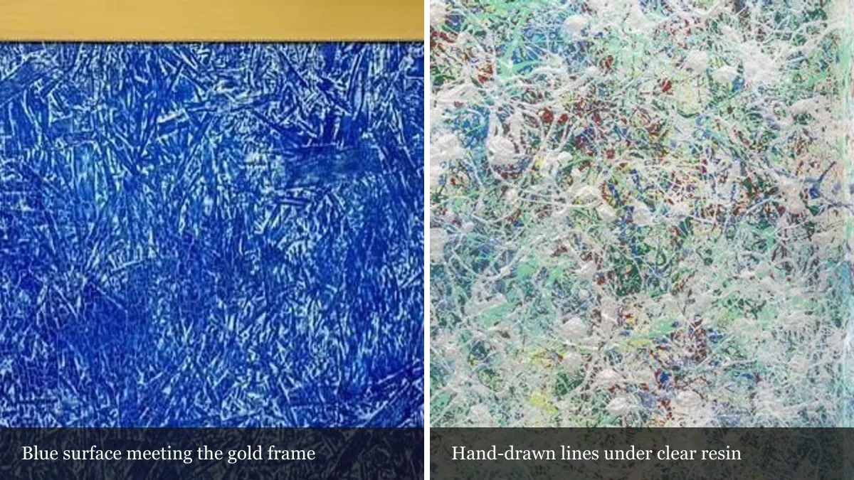 Left: blue textured surface meeting the gold frame of Morning Forest in Meissen. Right: hand-drawn lines under clear resin on Zwei Goldfische.