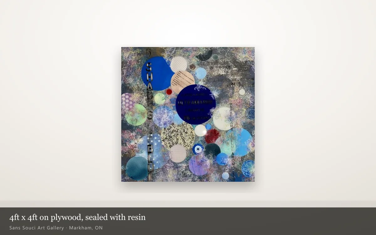 5 Shades Of Blue by Sergei Troshin, four feet square on plywood, hung whole on a lit gallery wall