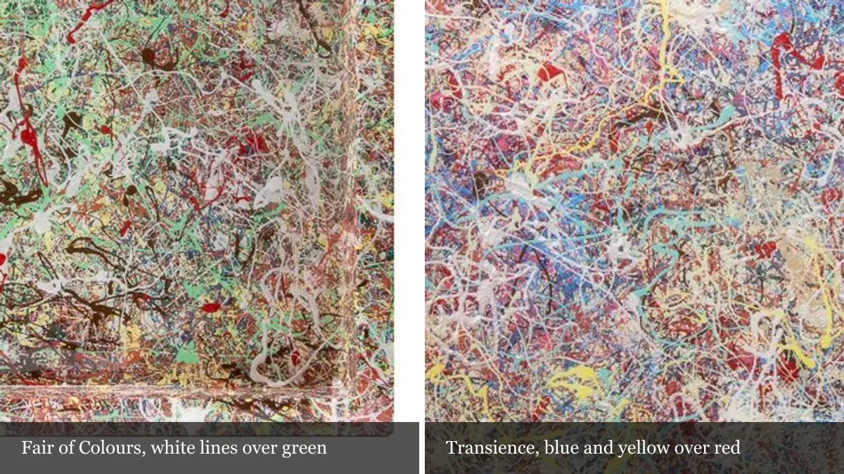 Two magnified details side by side: the dense drizzled line surface of Fair of Colours in red, green and white, and the same construction on Transience in blue, red and yellow