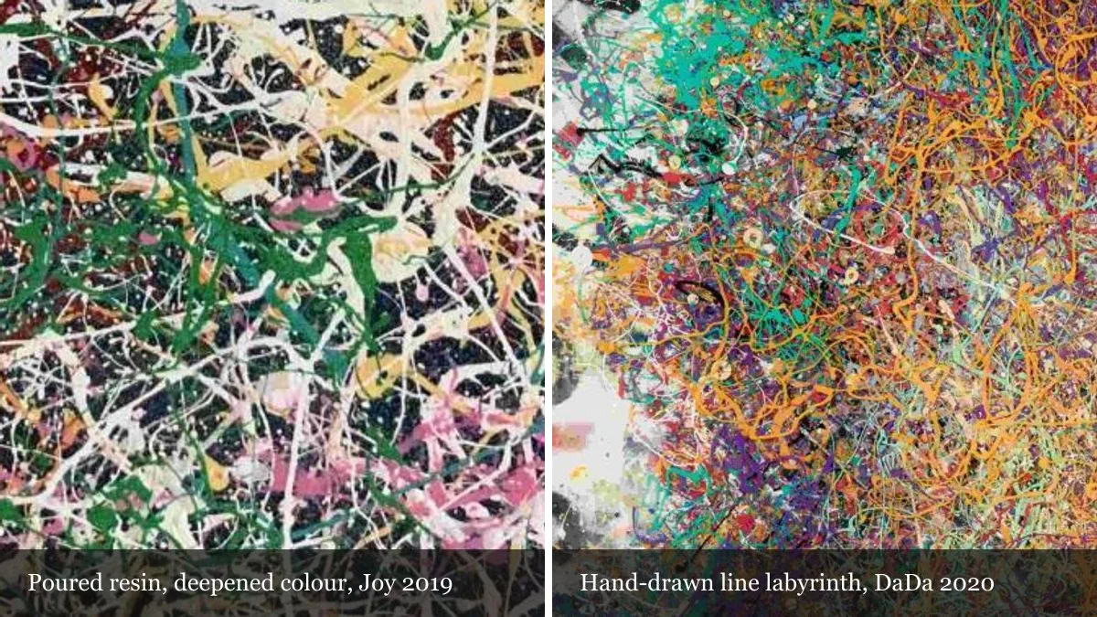 Detail of Joy showing a poured resin surface, beside a detail of the hand-drawn line work in DaDa 2020
