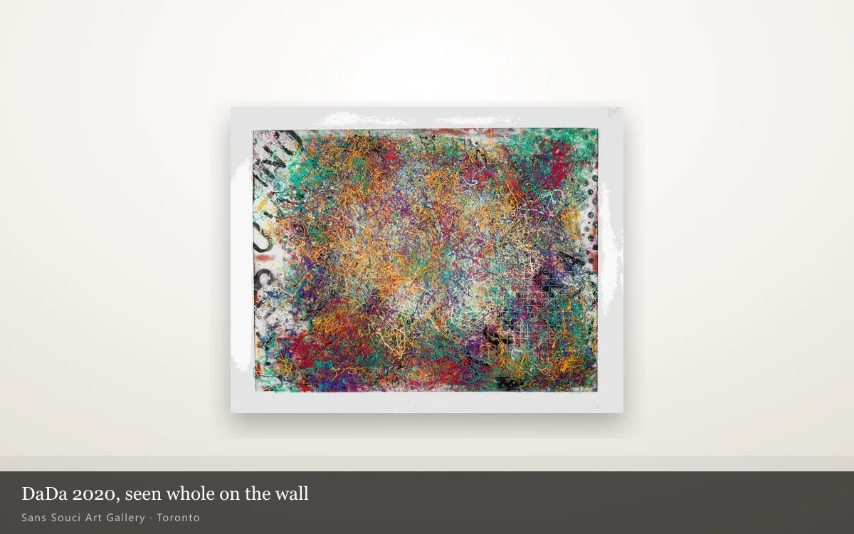 DaDa 2020 hung whole on a gallery wall, showing its hand-drawn labyrinth of acrylic and resin line work