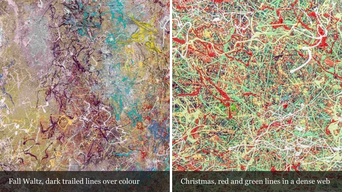 Two magnified details side by side: dark trailed lines over mottled colour on a resin-faced panel, and a dense web of red, green and cream lines on a small canvas