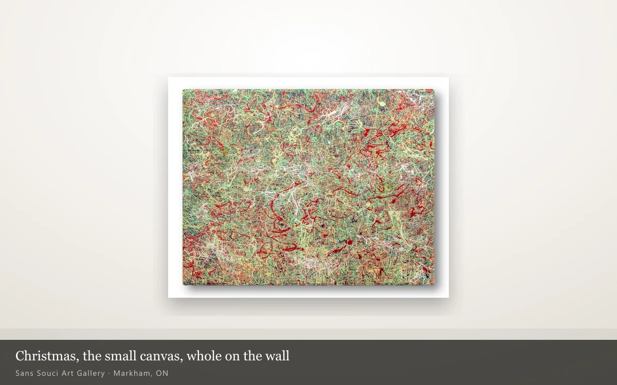 Christmas hanging whole on a lit gallery wall: a small canvas covered in a dense web of red, green and cream lines