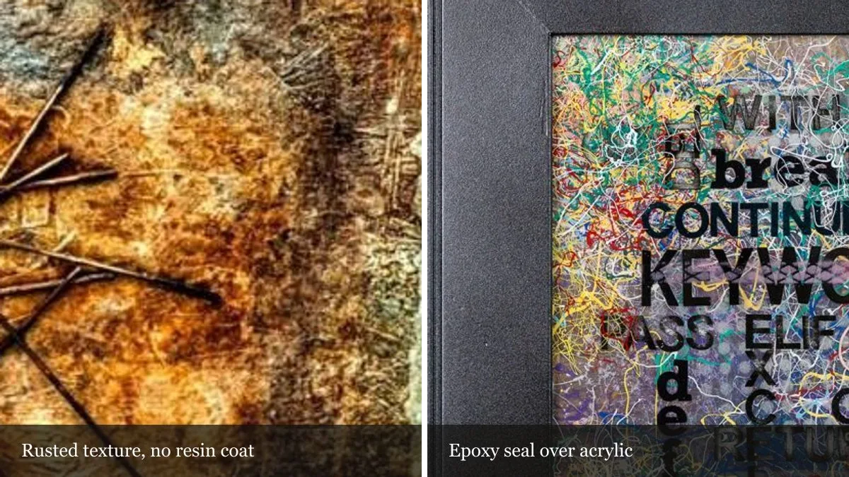 Rusted mixed-media texture beside an epoxy-sealed acrylic detail