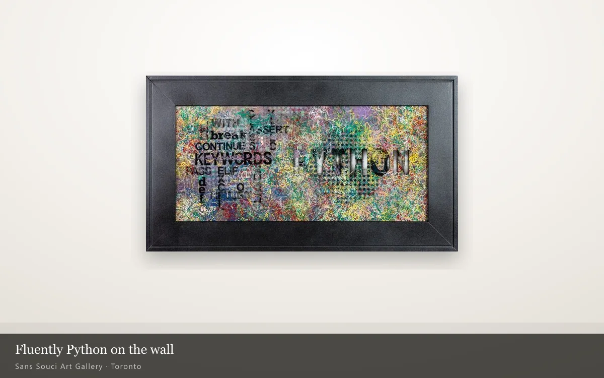 Fluently Python, acrylic sealed under epoxy, hanging on a gallery wall