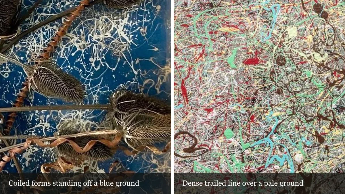 Two magnified details side by side: coiled forms and spined shapes standing off a deep blue ground splattered with white line in The Choice, and dense trailed green, red and turquoise line over a pale ground in Spring Thoughts