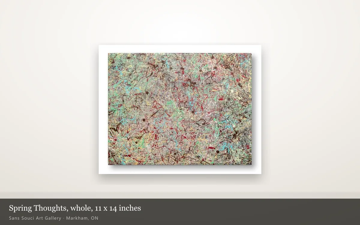Spring Thoughts shown whole on a lit gallery wall: dense trailed lines of brown, red, turquoise, green and cream over a pale ground