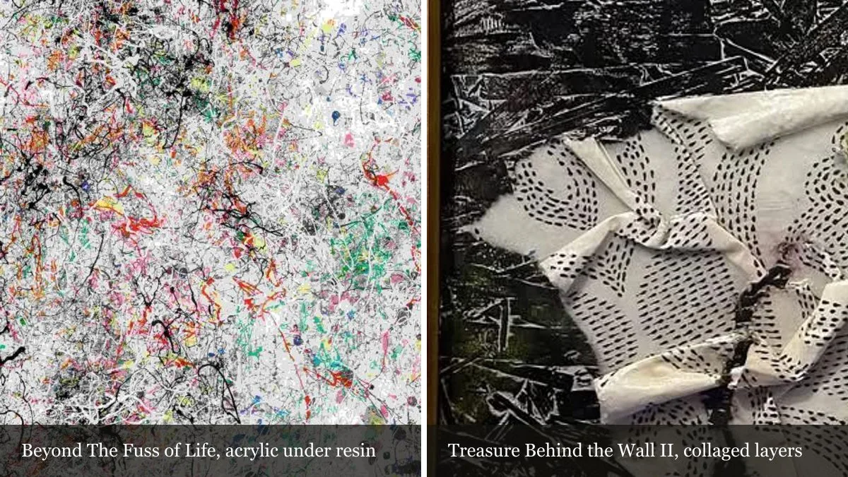 Two magnified details side by side: the drizzled acrylic and resin surface of Beyond The Fuss of Life, and torn collaged paper layers over a dark incised ground in Treasure Behind the Wall II