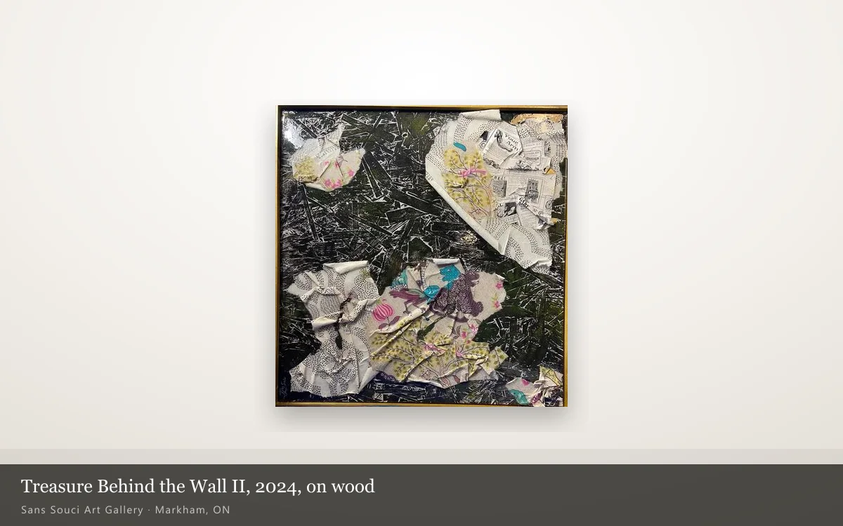 Treasure Behind the Wall II shown whole on a lit gallery wall: torn wallpaper fragments raised over a dark incised surface