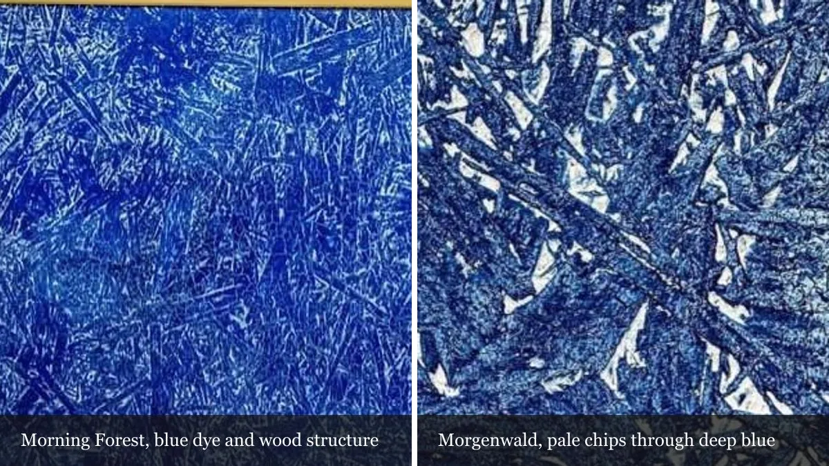 Two magnified details: blue dye in the wood structure of Morning Forest, and pale chips through deep blue in Morgenwald
