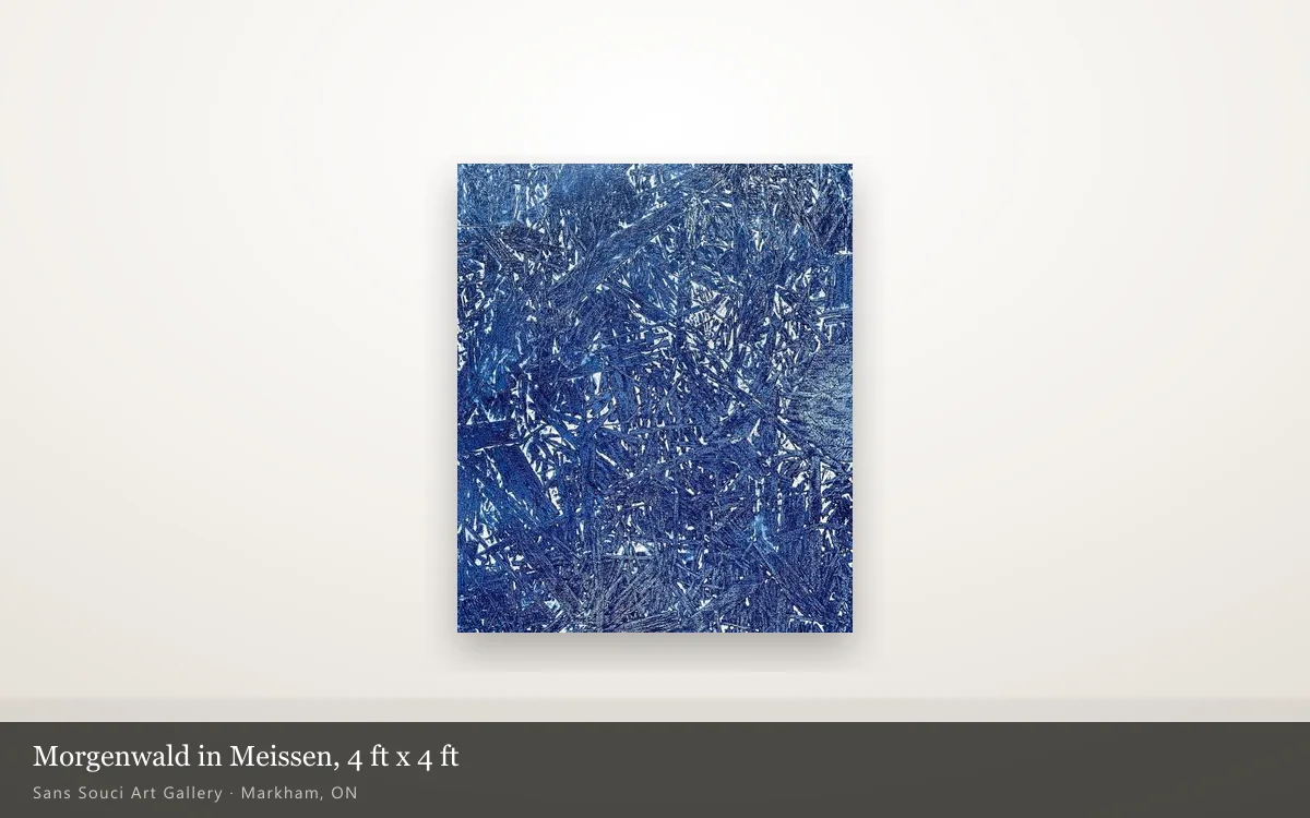 Morgenwald in Meissen, four feet square, shown whole on a lit gallery wall