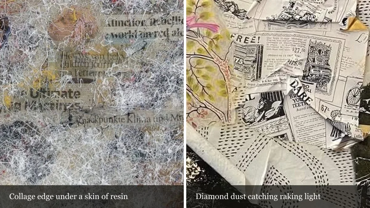 Detail of collage under resin in Under Media Cobweb, and diamond dust catching light in Treasure Behind the Wall II