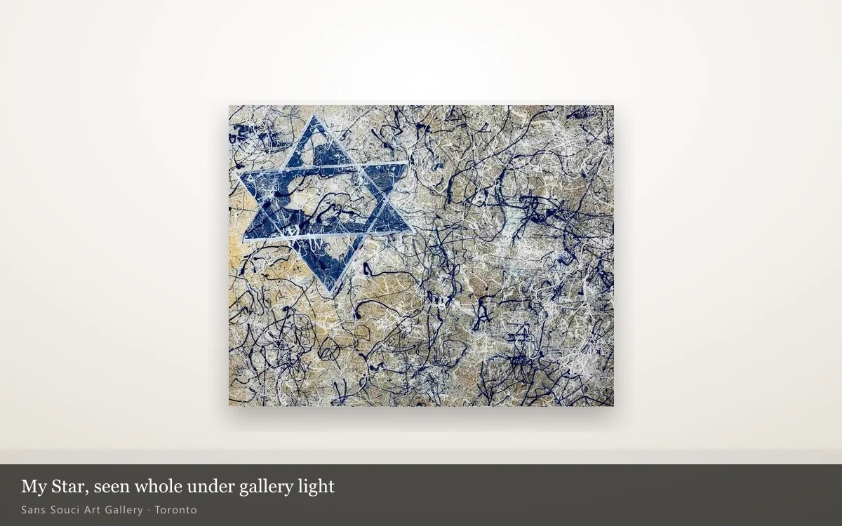 My Star, an acrylic painting on wooden board, seen whole on a lit gallery wall