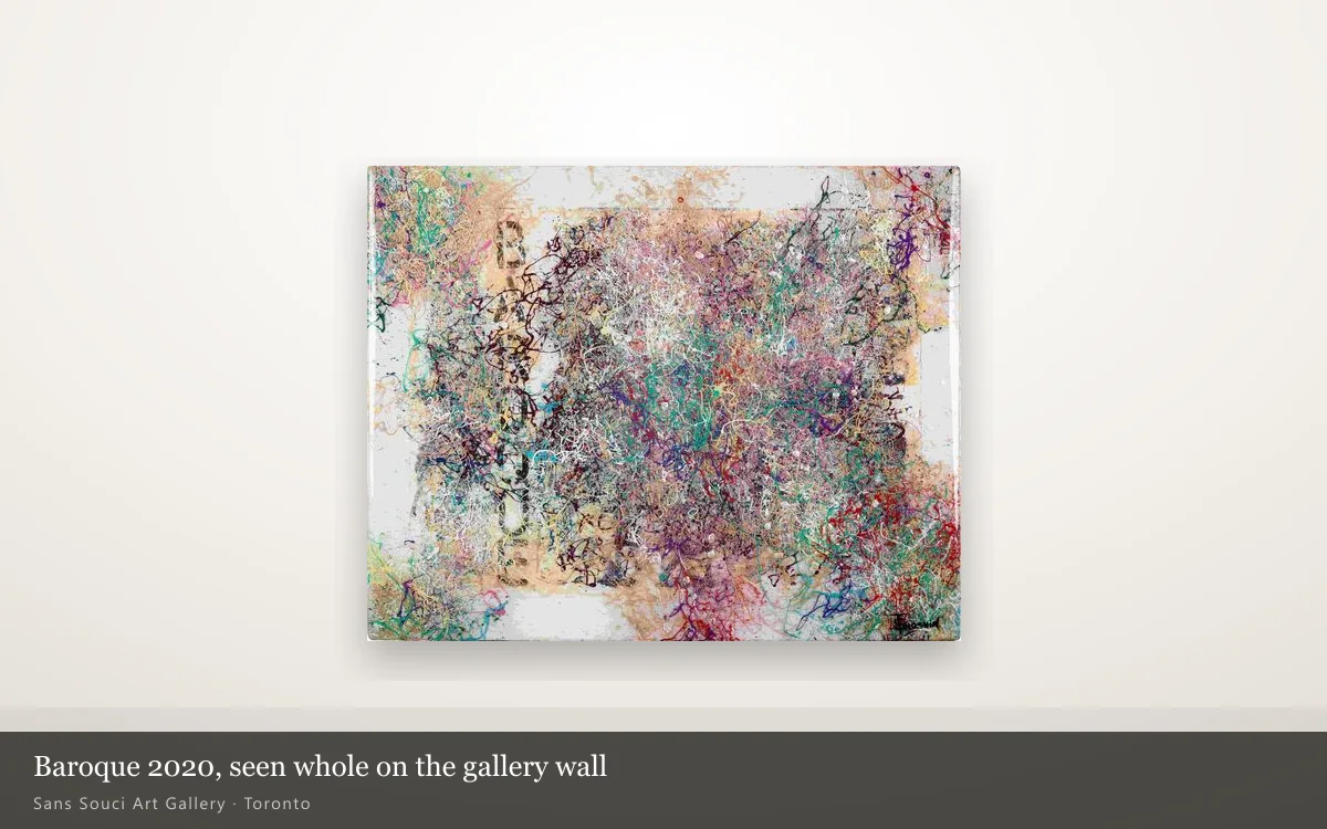 Baroque 2020, a resin-sealed acrylic panel by Sergei Troshin, hung whole on a lit gallery wall