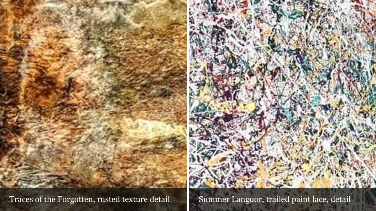 Two magnified details side by side: rust-coloured mottled texture from Traces of the Forgotten, and a dense web of trailed white, green, yellow and plum paint from Summer Languor