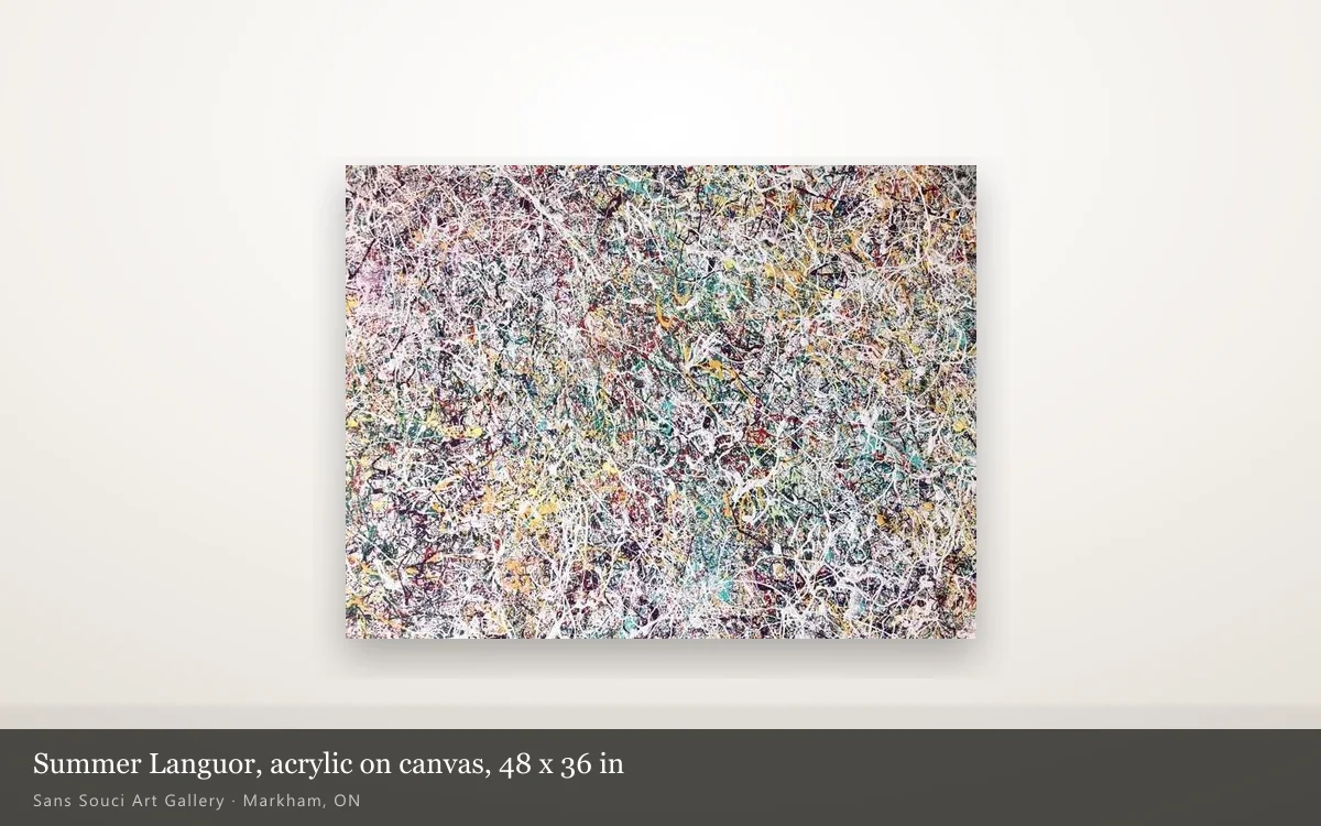 Summer Languor, a 48 by 36 inch acrylic on canvas covered edge to edge in trailed paint, hung alone on a lit gallery wall