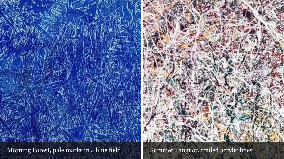 Two magnified details side by side: pale scratch-like marks across the blue field of Morning Forest in Meissen, and the dense trailed acrylic lines of Summer Languor