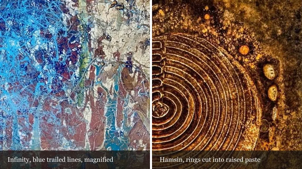 Two magnified details side by side: blue trailed lines over brown from Infinity, and concentric rings cut into raised gold-brown paste from Hamsin