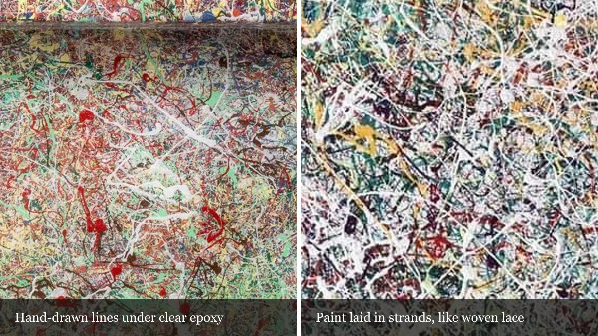 Two magnified details side by side: hand-drawn lines under clear epoxy, and paint laid in raised strands like woven lace