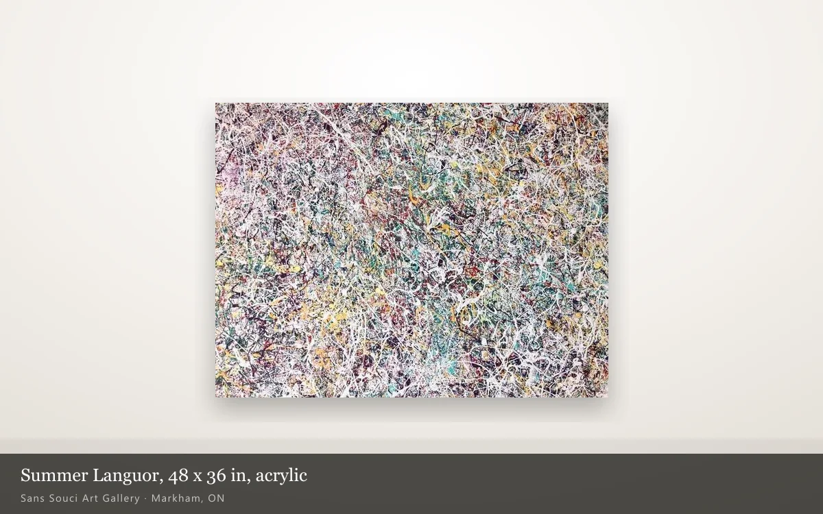 Summer Languor by Sergei Troshin, 48 by 36 inches, hung whole on a lit gallery wall