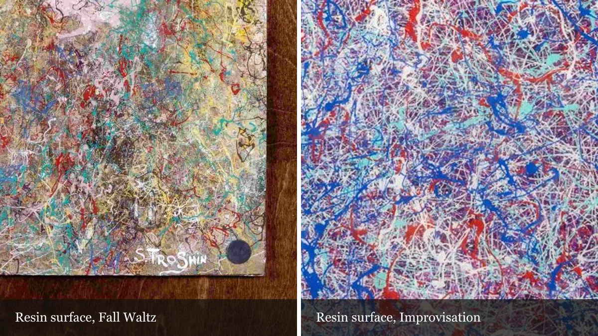 Detail of the resin surface on Fall Waltz beside a detail of Improvisation