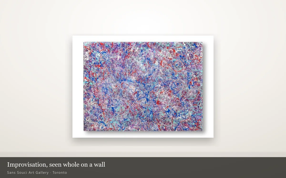 Improvisation hung whole on a lit gallery wall, showing its resin surface