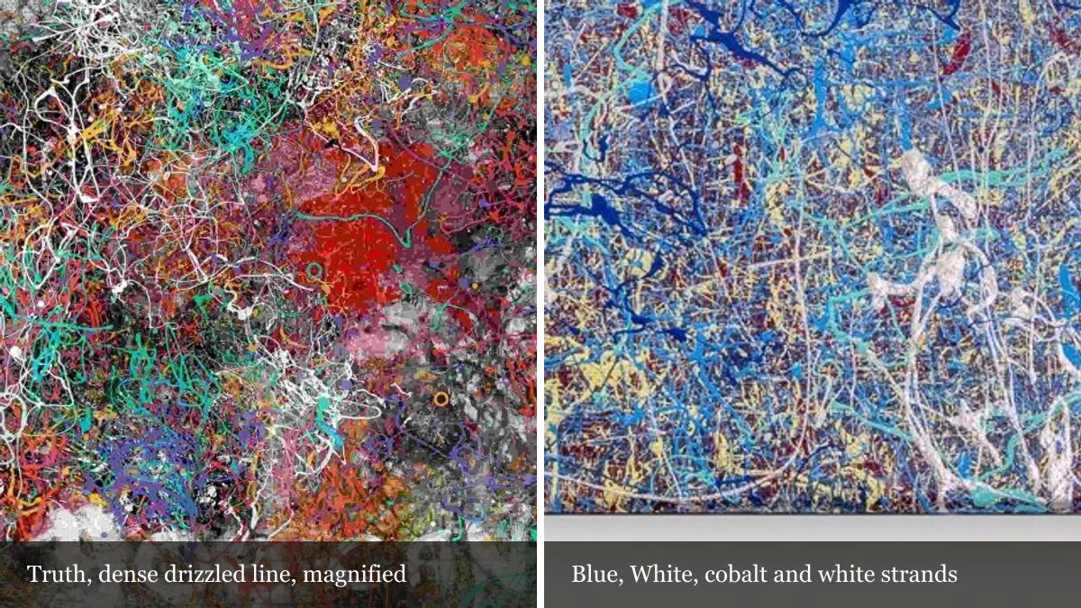 Two magnified details side by side: Truth in full colour over a dark ground, and Blue, White in cobalt and white strands