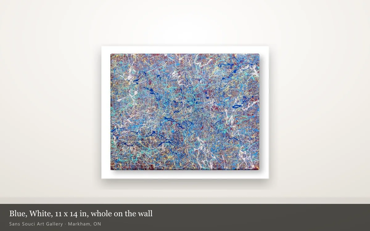 Blue, White by Sergei Troshin, 11 by 14 inches, shown whole on a lit gallery wall